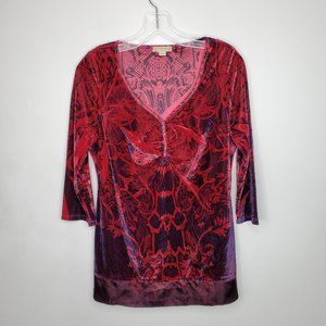 energe World Wear Red Blueish Purple Crushed Velvet Pullover V-Neck Top Size M